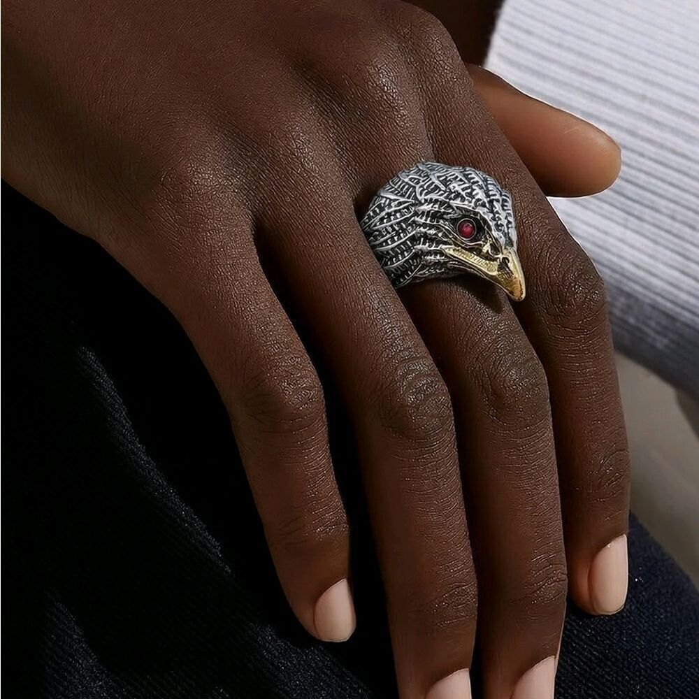 Red Eye Eagle Head Statement Ring Adjustable Silver Ravenclaw Viking Symbol